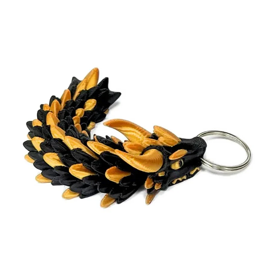 Kayra Hareketli Ejderha Anahtarlık, Çift Renkli Siyah-Altın, Oynar Çene ve Bükülen Gövde, 10 cm Ejder Figürü, Stres Atıc